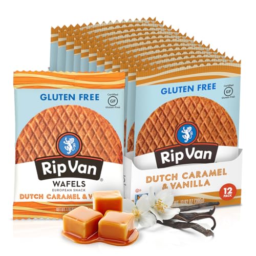 Rip Van Wafels Gluten-Free Stroopwafel - Dutch Caramel & Vanilla Stroopwafels Healthy Snacks Non-GMO Low Sugar (6g) Calorie, 12 Count - Gluten-Free Dutch Caramel
