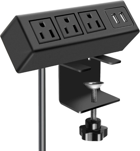 CCCEI 3 Outlet Desk Clamp Power Strip with USB Ports, Desktop Power Strip Surge Protector 1200J. Desk Mount Charging Power Station, on Desk Edge Power Outlet 125V 12A 1500W. - 6FT Black