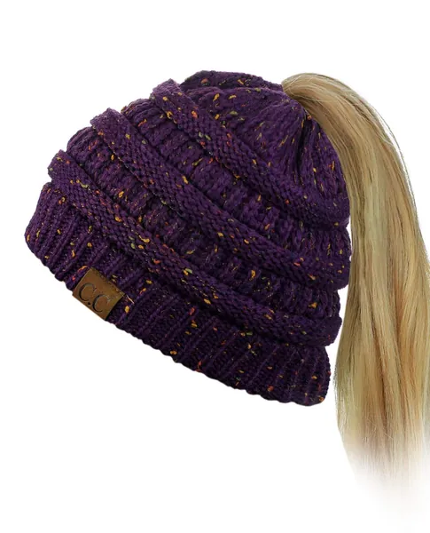 C.C BeanieTail Soft Stretch Cable Knit Messy High Bun Ponytail Beanie Hat - Confetti Purple