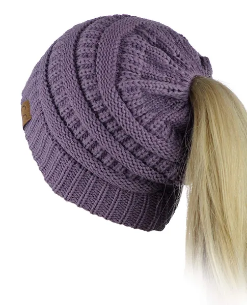 C.C BeanieTail Soft Stretch Cable Knit Messy High Bun Ponytail Beanie Hat - Violet