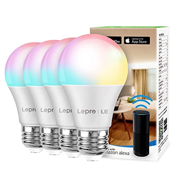 LE Smart Light Bulbs, LED Color Changing Lights, Works with Alexa and Google Assistant, RGB & Soft Warm White, 60 Watt Equivalent, Dimmable with App, A19 E26, No Hub Required, 2.4GHz WiFi Only, 4 Pack