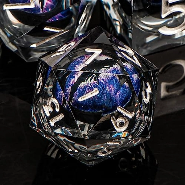 KERWELLSI Sharp Edge Resin Dragon Eye DND Dice, Dungeons and Dragons Dice Set D&D with Box, Polyhedral RPG Role Playing Dice, Purple Liquid Core D and D Dice D20 D12 D10 D8 D6 D4