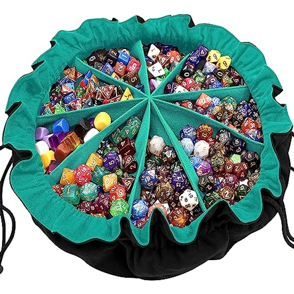 SIQUK Large Dice Bag with Pockets Drawstring Dice Bag DND Dice Storage Bag Big Capacity Dice Pouch for RPG MTG Table Games, Hold over 300 Dice (Black & Cyan)
