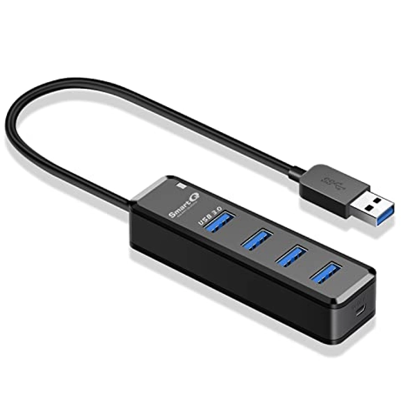 SmartQ H302 4-port USB 3.0 Hub with 1ft Long Cable, Multi USB Port Expander with Micro-B Charging Port, Fast Data Transfer USB Splitter For laptop, Compatible with Windows PC, Mac, Printer, Mobile HDD