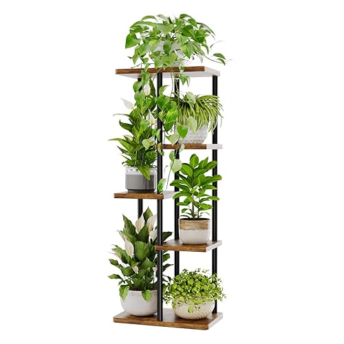 Bamworld 5 Tier Plant Stands Indoor, Corner Shelf Tall Plant Stand for Multiple Indoor Plants, Metal Tiered Display Stand for Living Room Balcony Garden Patio, Brown - 5 Tier - Brown