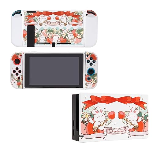 Kiloluv Strawberry Rabbit Switch Protective Case & Dock Cover Set, Protective Skin Case Cover Faceplate Sleeve Compatible with Nintendo SwitchConsole, Joy-Cons and Charging Dock - For Switch 2017