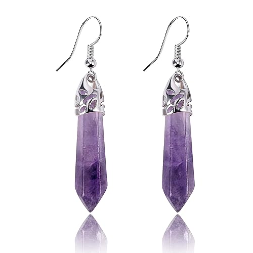 Real Natural Quartz Stone Healing Point Crystal Chakra Dangle Earrings Valentine's day Mother's day Gift - Amethyst Dangle Earrings