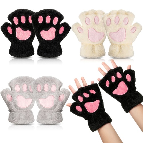 Cat Paw Gloves 3 Pairs Kawaii Gloves Cat Paws Cosplay Faux Fur Plush Cat Gloves Lion Paws Fingerless Gloves for Girls Women - Black, White, Gray