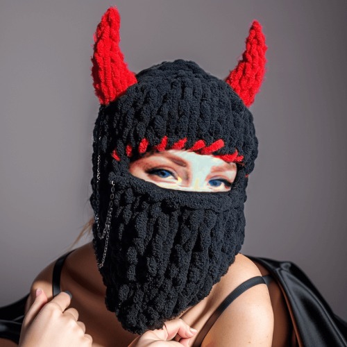 Devil Horns Knitted Balaclava Hat - Black + Red / B