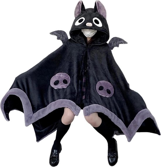Cute Bat Design Wearable Blanket Hoodie with Demon Wings - Super Soft Cartoon Bat Cloak for Halloween - Comfortable Halloween Throw Blanket .