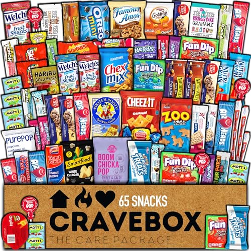 CRAVEBOX Snack Box (65 Count) Valentines Variety Pack Care Package Gift Basket Adult Kid Guy Girl Women Men Birthday College Student Office School