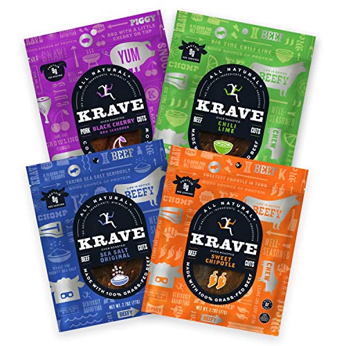 KRAVE Jerky Variety Favorites Beef and Pork 4 Pack | Premium Chef Crafted Meat Cuts With Unique Flavors and No MSG | High Protein, Gluten Free | Pack of 4 2.7oz bags - Variety Favorites - 2.70 Ounce (Pack of 4)