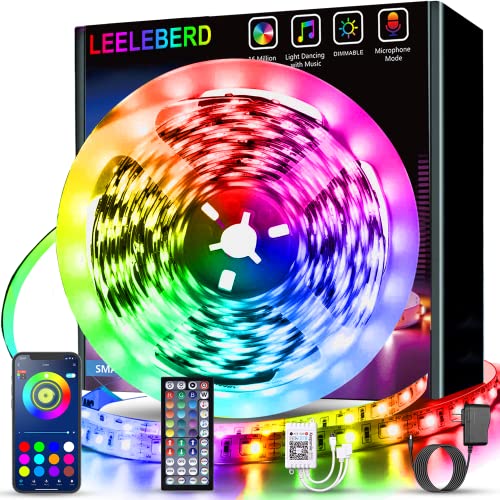 Leeleberd 65.6 ft Led Lights for Bedroom, Bluetooth Smart APP Control 5050 RGB Color Changing Led Strip Lights with Remote Control and Power Adapter Led Lights for Room Kitchen Party Home Decoration - 65.6 FT