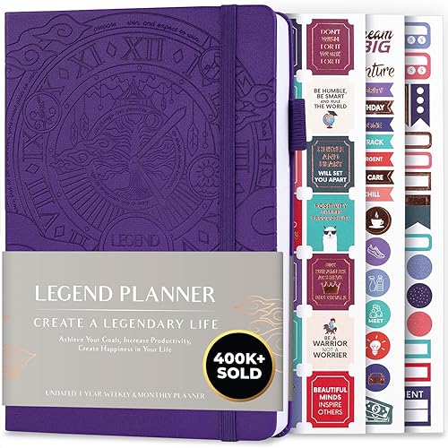 Legend Planner – Deluxe Weekly & Monthly Life Planner to Hit Your Goals & Live Happier. Organizer Notebook & Productivity Journal. A5 Hardcover, Undated – Start Any Time + Stickers – Purple - Purple (Undated) - A5 (14 x 21cm)