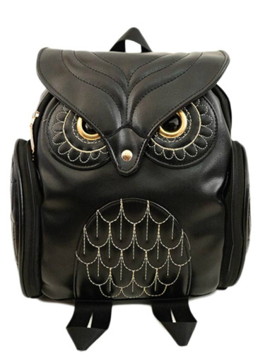Black Faux Fake Leather Owl Embrodiery Backpack