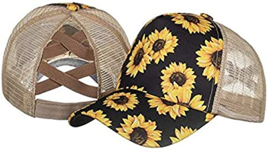 Womens Criss Cross Ponytail Hat Sunflower Hat Ponytail Bun Sun Hat for Women Black
