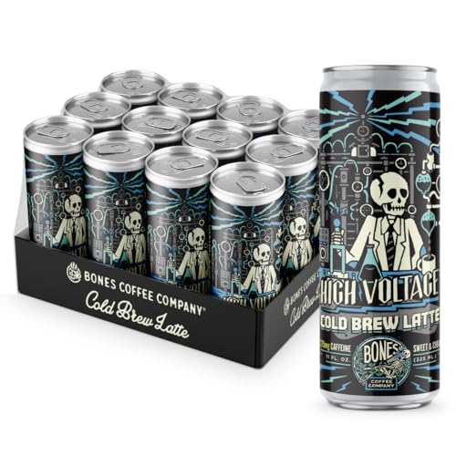 Bones Coffee Company High Voltage Flavored Coffee | Ready To Drink 100% Cold Brew Coffee Can | Cold Brew Latte Sweet and Creamy in Cans | 11 Fl Oz Can (12 Pack) - Cold Brew Latte Sweet and Creamy - 132.00 Fl Oz (Pack of 1)