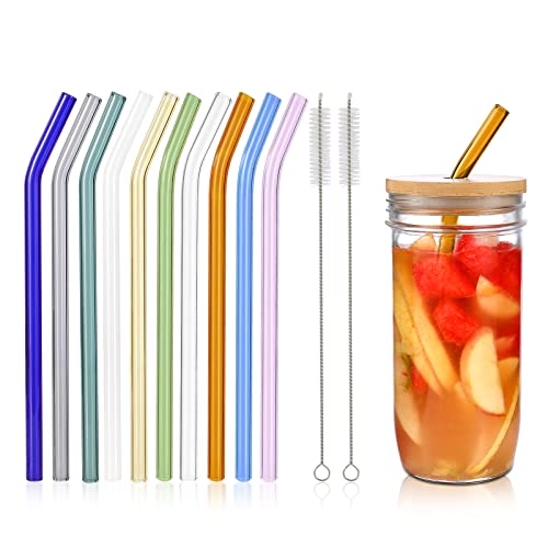 RENYIH 10 Pcs Reusable Bent Glass Drinking Straws,9''x10 mm Colorful Glass Straws for Beverages, Shakes, Milk Tea, Juices,Set of 10 Bent with 2 Cleaning Brushes -Shatter Resistant