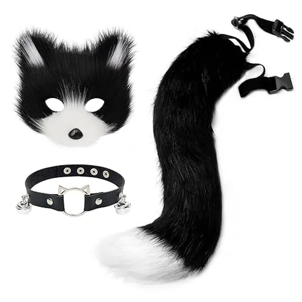 hbbhml Faux Fur Fox Mask Wolf Cat Fluffy Tail and Leather Necklace Set Halloween Party Cosplay Costume Accessory - Blackwhite