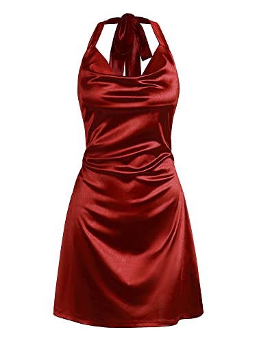 ZAFUL Women Halterneck Satin Mini Dress Sexy Cowl Neck Silky Party Cocktail Club Dress - Red-halter-a - Medium