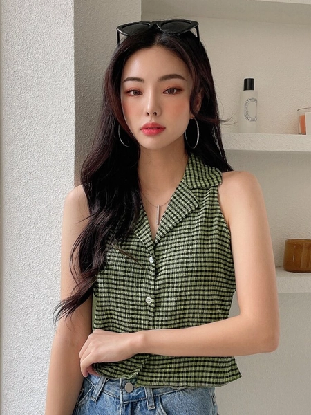 DAZY Plaid Lapel Collar Textured Blouse