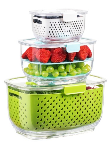LUXEAR Fresh Produce Vegetable Fruit Storage Containers 3Piece Set, BPA-free Fridge Storage Container, Partitioned Salad Container, Fridge Organizers, Used in Storing Fruits Vegetables Meat Fresh Fish - 3-Piece Green+Blue+White Clear