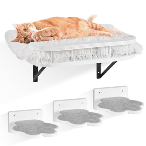 Cat Hammock Cat Wall Furniture with Cooling Mat and Plush Cushion and 3 Wall Steps, Wall Mounted Cat Shelves and Perches, Cat Climbing Shelf Cat Scratching Post for Sleeping, Playing, Gift for Cat… - White,1 Wool Mat Cat Shelf+3 Steps