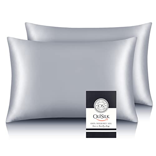 OLESILK 100% Silk-Pillow-Cases 2 Pack for Hair and Skin, Mulberry Silk-Pillowcase with Hidden Zipper, Both Sides Breathable Pure Silk, Silver Grey, Standard 20''×26'' - Silvergrey - 2pcs,Standard(20"x26")