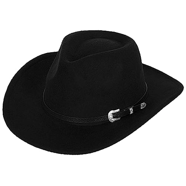 Western Felt Cowboy Cowgirl Hat - Wide Brim Panama Jazz Fedora Hat with Floral Engraved Buckle Belt Decoration 22.4" to 22.8" - Medium-Large - Black
