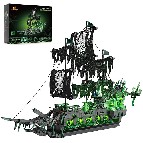JMBricklayer Pirate Ship Building Toys with Lights, Ghost Ship Flying Dutchman Model Ship Boat 40001, Toy Building Sets for Adults, Halloween Decor Christmas Birthday Gifts for Boys Girls 14+ - Multicolor