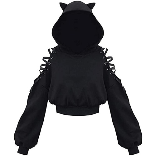 Womens Long Sleeve Cute Cat Ear Pullover Hoodie Crop Top Gothic Cold Shoulder Lace Up Y2k E-Girl Oversized Sweatshirt - Black a Large