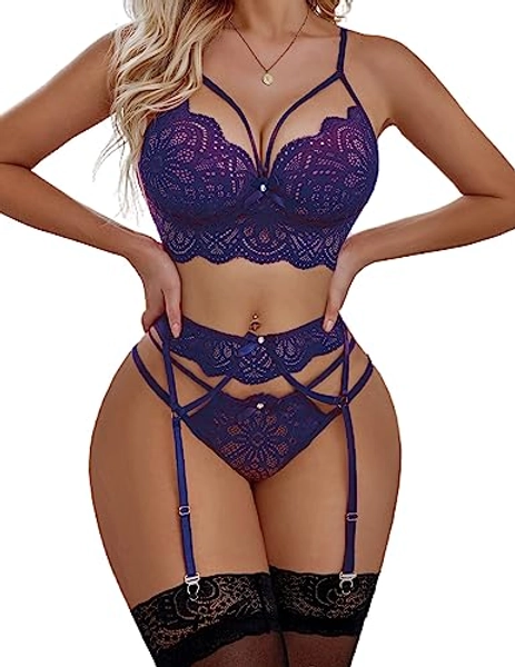 Avidlove Women Lingerie Set with Garter Belts Sexy Bra and Panty Set Lace Teddy Bodysuit - X-Large - Purple