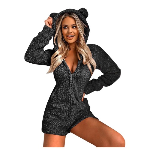 Womens Fleece Zip Up Hoodies Plush Cat Ear Hooded Onesie One Piece Soft Pajamas Short Jumpsuit Sleepwear Warm Romper Playsuit