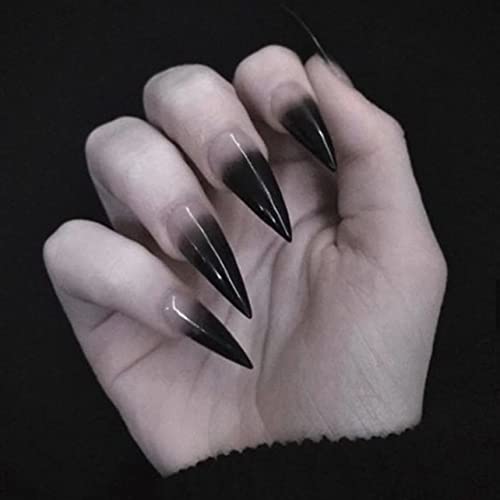 SINHOT Stiletto Press on Nails Extra Long Fake Nails with Glue Glossy False Nails with Black Gradient Designs Full Cover Almond Acrylic Nails 24pcs - FND0001D