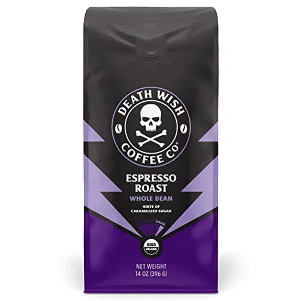 Death Wish Coffee Co. Whole Bean Espresso Roast - Extra Kick of Caffeine - Organic, Fair Trade, Arabica and Robusta Coffee Beans, 14 ounce (Pack of 1) - Espresso - 14 Ounce (Pack of 1)