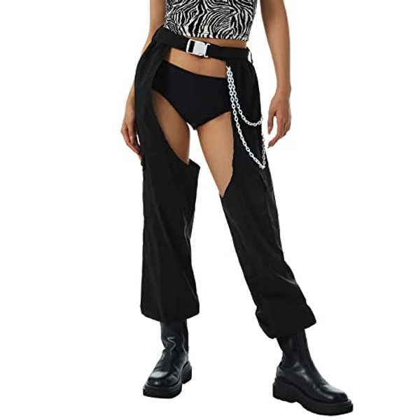 Sexy Buckle Bottomless Pants Women Hollow Out High Waist Rave Chaps Hiphop Rock Crotch Pants Belted Cargo Trousers - Large - Chain Black