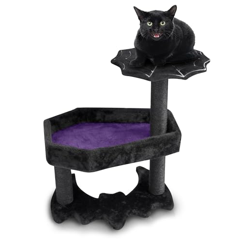 Gothic Cat Tree Purple with Coffin Cat Bed & Spooky Cat Toys - Spooky cat Tree for Halloween cat (Small) - Black and Purple - Small - Black and Purple
