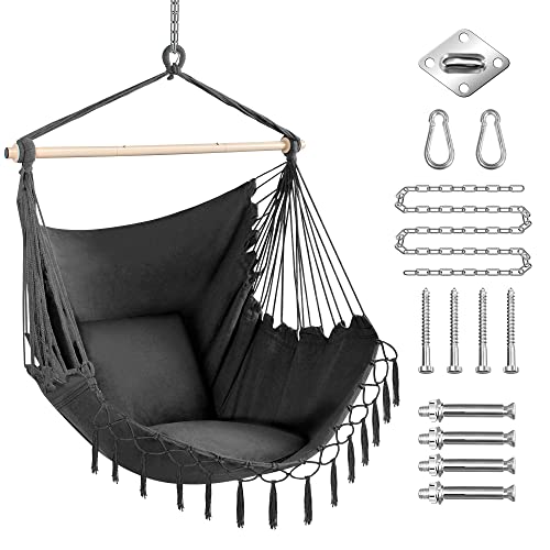 Oversized Hammock Chair with Hanging Hardware Kit for Indoor & Outdoor, Include Carry Bag & Two Soft Seat Cushions - Grey