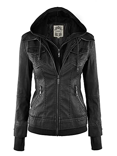Faux Leather Jacket with Removable Hood - XX-Large - black/charcoal