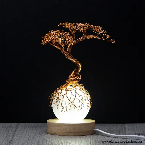 USB LED Lamp Copper Wire Bonsai Tree on White Selenite Sphere Crystal