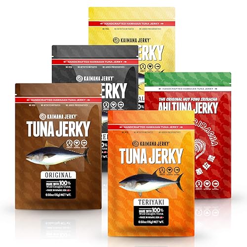 Kaimana Jerky Ahi Tuna Sampler Bundle - All Natural & Wild Caught Tuna Jerky. Made in USA. 9g Protein & Good Source Of Omega-3's (5 pack, 0.50 oz)