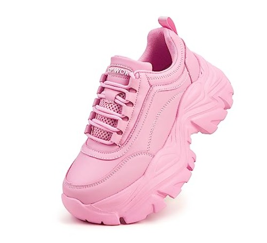 K KIP WOK Chunky Sneakers for Women Fashion Platform White Leather Casual Dad Shoes Comfortable Wedge Walking Sport Sneakers - 8.5 - Pink