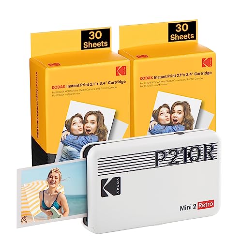 KODAK Mini 2 Retro 4PASS Portable Photo Printer (2.1x3.4 inches) + 68 Sheets Bundle, White - Printer + 68 Sheets - White
