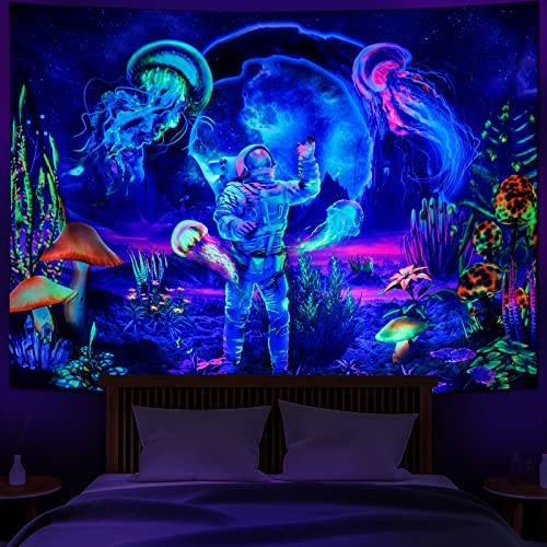 Heopapin Blacklight Astronaut Jellyfish Tapestry Trippy Mushroom Tapestry UV Reactive Fantasy Plants Wall Tapestry Psychedelic Neon Galaxy Space Tapestry Wall Hanging for Room W78×H59 - Astronaut Jellyfish - 59.10" x 78.70"