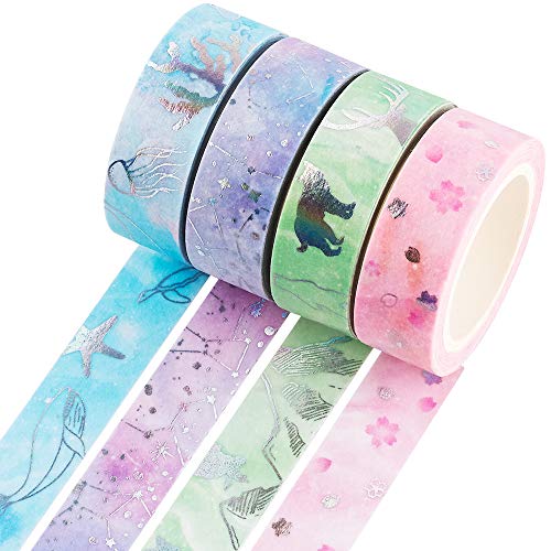 YUBBAEX Silver Washi Tape IG Style Laser Foil Masking Tape Set Decorative for Arts, DIY Crafts, Journal Supplies, Planners, Scrapbook, Card/Gift Wrapping -4 Rolls x 15mm- (Watercolor Laser) - Watercolor Laser