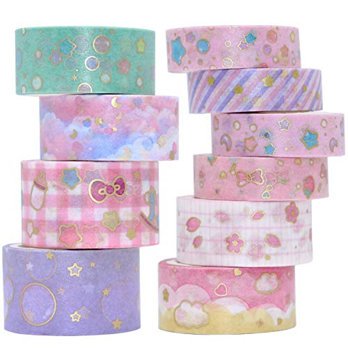 VEYLIN 10Rolls Gold Foil Washi Tape, Pastel Decorative Masking Tape for Gift Wrappings - Pink Gold