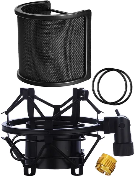 Microphone Shock Mount with Pop Filter, Mic Anti-Vibration Suspension Shock Mount Holder Clip for Diameter 1.8 IN-2.1 IN Microphone