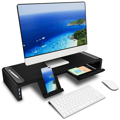 Monitor Stand Riser, Foldable Computer Monitor Riser, Adjustable Height Computer Stand and Storage Drawer & Pen Slot, Phone Stand for Computer, Desktop, Laptop, Save Space (Model A-Black) - Black-3.0 USB