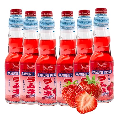 Ramune Japanese carbonated soft drink "MARBLE SODA" Fun and Nostalgia, Strawberry Flavor Pack of 6