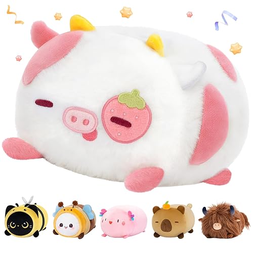 Mewaii Strawberry Cow Plush Pillow, Kawaii Cow Stuffed Animals, Cute Plushies for Girls, Soft Pink Cow Plush, Birthday Gifts for Kids Adults Teens (8 Inch) - Strawberry Cow - 8 Inch